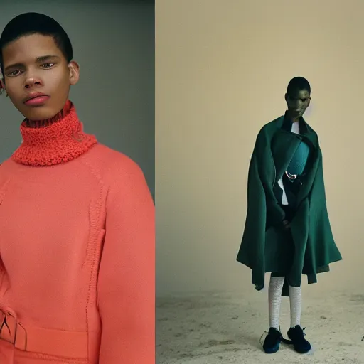 Prompt: realistic photoshooting for a new balenciaga lookbook, color film photography, portrait of a beautiful woman, by photo in style of Tyler Mitchell, wes anderson, Julia Hetta, Tim Walker, Petra Collins, 35mm,