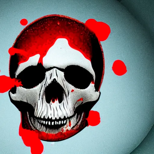 Image similar to skull in a pool of blood with blood splatter on the skull