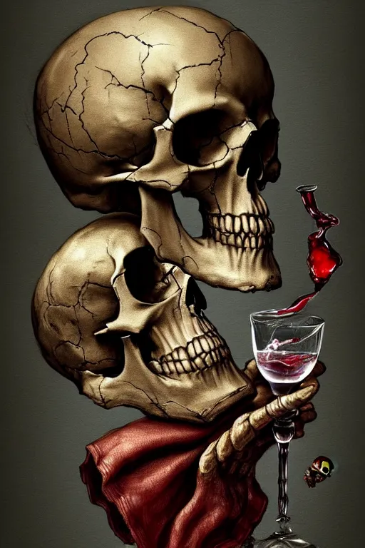 Image similar to Old alchemic manuscript detailing death with skull face holding broken wine bottle,intricate, elegant, highly detailed, digital painting, artstation, concept art, smooth, sharp focus, illustration, art by Ilja Repin