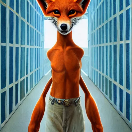 Image similar to a cute male anthropomorphic vulpes vulpes fulva in school hallway, pixar style, by tristan eaton stanley artgerm and tom bagshaw.