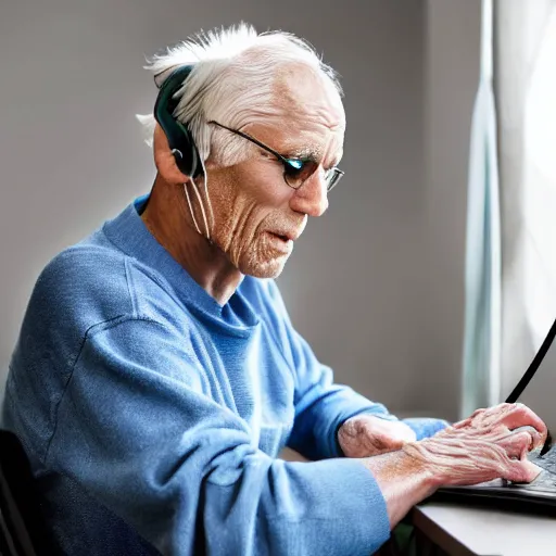 Image similar to A colored colorized real screenshot of Jerma985 as an elderly guy streaming on his computer while wearing headphones, taken in the early 2020s, taken on a 2010s Camera, realistic, hyperrealistic, very realistic, very very realistic, highly detailed, very detailed, extremely detailed, detailed, digital art, trending on artstation, headshot and bodyshot, detailed face, very detailed face, very detailed face, real, real world, in real life, realism, HD Quality, 8k resolution, intricate details, colorized photograph, colorized photon, body and headshot, body and head in view