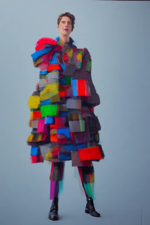 Image similar to a scene depicting a character wearing a voluminous suit made from tartan mix and transparent plastic, blurred, muted colors, oil painting hyper real, super detailed, soft light