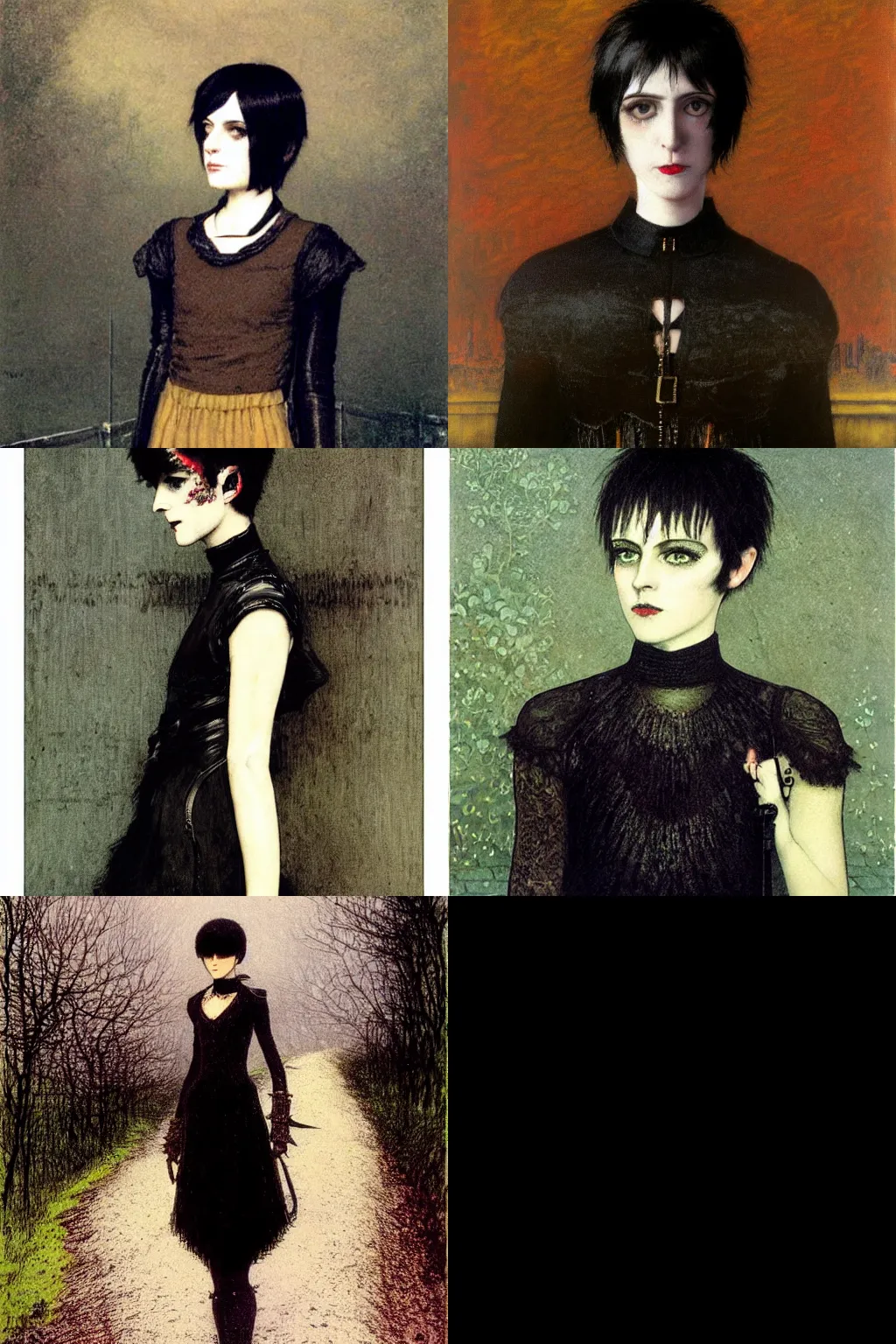 Prompt: goth painted by john atkinson grimshaw. high - quality character portrait. short dark brown messy pixie haircut, large black eyes, slightly rounded face, pointed chin, small nose, black tank top, black leather jacket, black knee - length skirt, black choker.