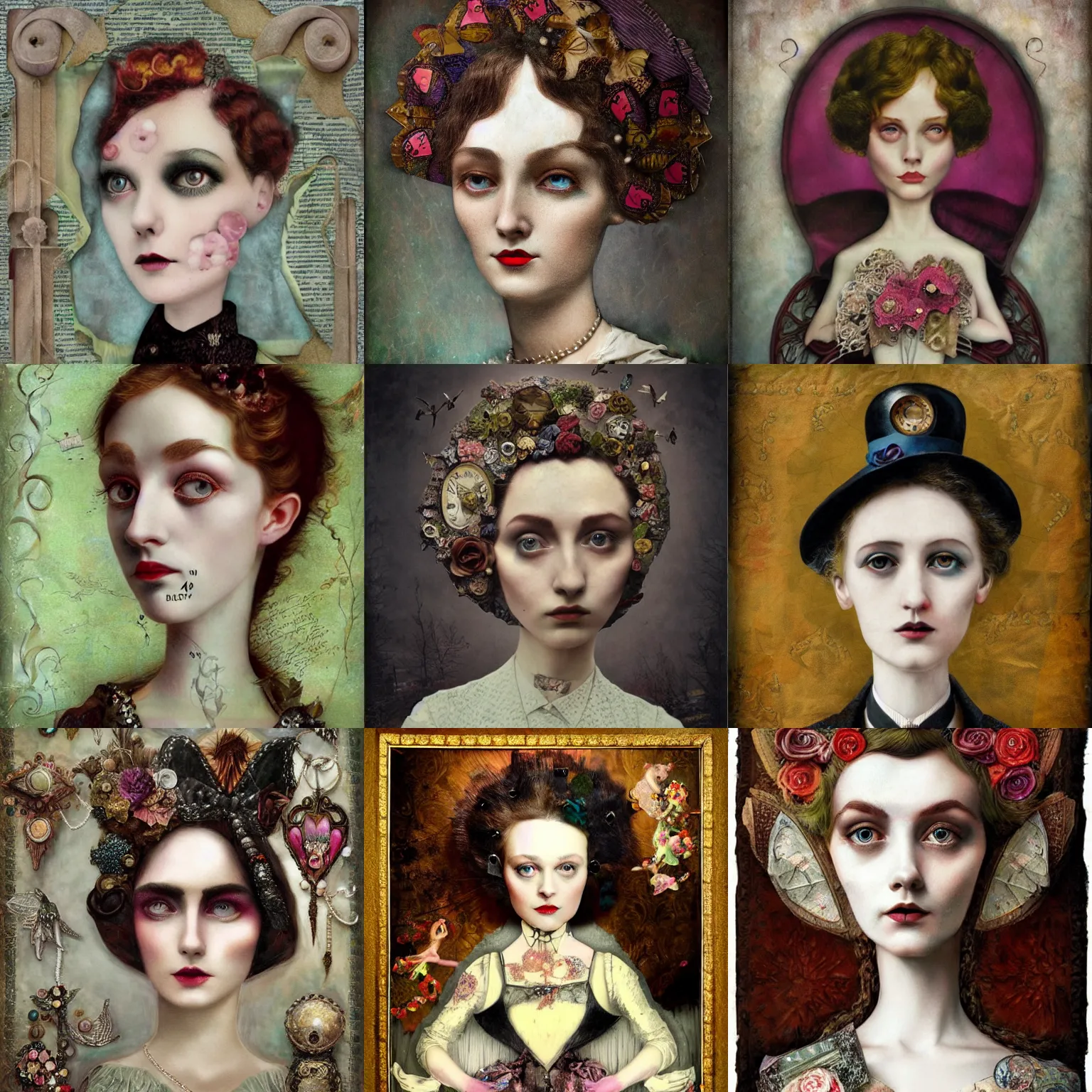 Prompt: Edwardian Vogue mixed media collage portrait made with various materials, contemporary surrealism, Mark Ryden and Ciryl Rolando, concept art, Artstation