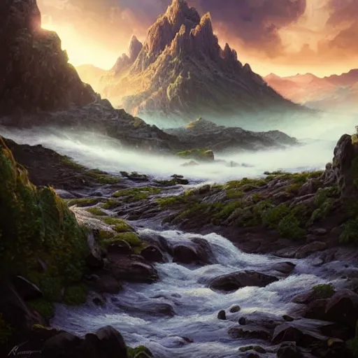 Prompt: a mountain range with a river flowing through it by akihito tsukushi, backlight, rim lighting, deep focus, d & d, fantasy, intricate, elegant, highly detailed, digital painting, artstation, concept art, matte, centered, sharp focus, illustration, hearthstone, art by artgerm, greg rutkowski and alphonse mucha