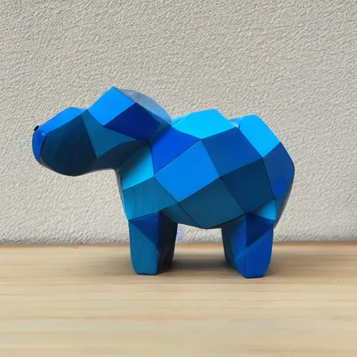 Image similar to a beautiful minimalist curvy shaped small sculpture of hippopotamus hippo baby, wood and blue epoxy, cubic blocks mix stripes cuts, detailed, fine, gorgeous