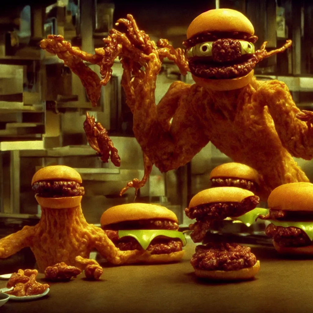 Image similar to the cheeseburger creature at the fast food restaurant, film still from the movie directed by denis villeneuve and david cronenberg with art direction by salvador dali and zdzisław beksinski, wide lens