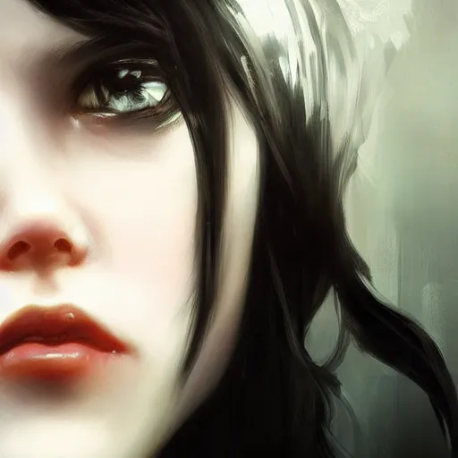 Image similar to a cute girl by ruan jia, closeup headshot, black long hair, black eyes, movie poster style