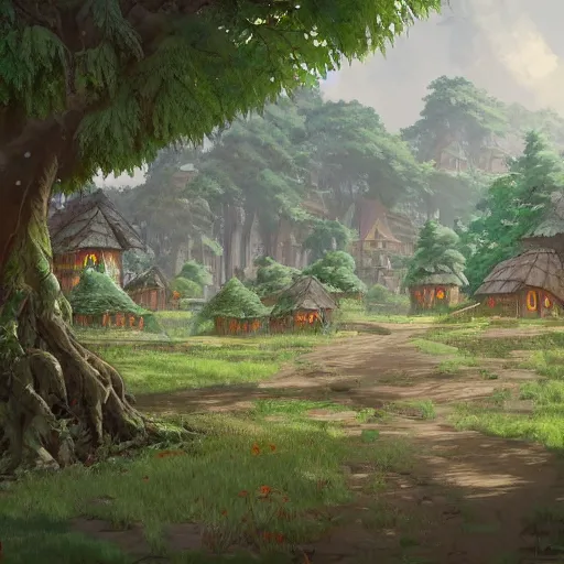 Image similar to concept art painting of a forest village with houses made of trees and roots, houses inside trees, vines, deep forest, realistic, detailed, cel shaded, in the style of makoto shinkai and greg rutkowski and james gurney