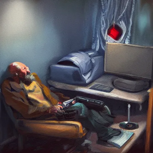 Prompt: homeless man gaming on a PC, expressive oil painting, digital art, matte art, gaming pc