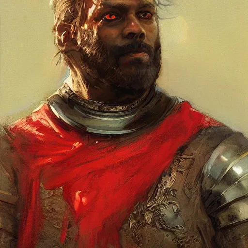 Prompt: Solomon Joseph Solomon and Richard Schmid and Jeremy Lipking victorian genre painting portrait painting of a old rugged movie actor medieval knight character in fantasy costume, red background