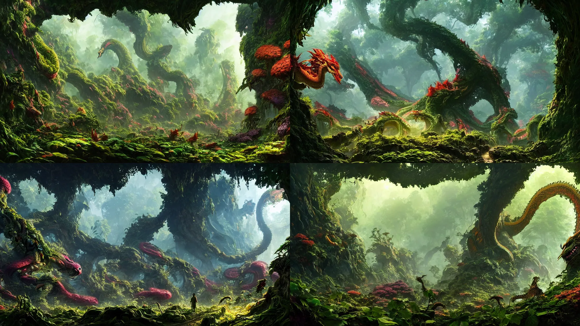 Prompt: an overgrown forest full of serpentine dragons and birdlike dragons, big serpentine dragon, full of glowing plants and vividly colored flowers, with warm light dappled through the leaves, and a vine-covered cave entrance in shadow,, Wadim Kashin, in Peter Elson color scheme, featured in artstation, octane render, cinematic, elegant, intricate, 8k