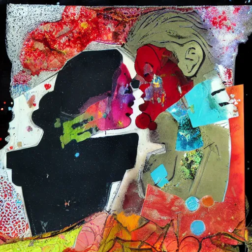 Prompt: two women kissing at a carnival, mixed media collage, futuristic, paper collage, magazine collage, acrylic paint splatters, bauhaus, claymation, layered paper art, sapphic visual poetry expressing the utmost of desires by jackson pollock