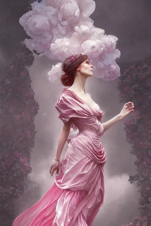 Image similar to woman dressed in a vaporous wrapped large victorian pink roses silk semi-transparent dress fashion is running, D&D, fantasy, intricate, elegant, highly detailed, digital painting, artstation, concept art, matte, sharp focus, illustration, art by Artgerm and Greg Rutkowski and Alphonse Mucha