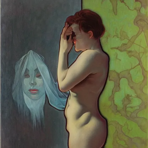 Image similar to A ghostly woman crawling out of a mirror, horror, oil on canvas, in the style of Range Murata and Alphonse Mucha