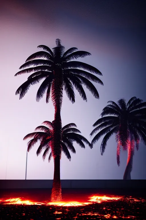 Image similar to hyper-detailed 4K photography Fiery Palm tree lights up black landscape with embers, volumetric lighting, octane render, 4K resolution, trending on artstation, masterpiece