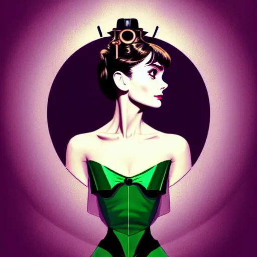 Prompt: in the style of joshua middleton, artgerm, beautiful audrey hepburn, steampunk, bioshock, purple and green top, elegant pose, middle shot, spooky, symmetrical face symmetrical eyes, three point lighting, detailed realistic eyes, short neck, insanely detailed and intricate elegant