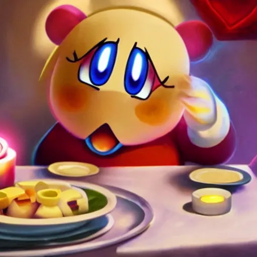 Prompt: kirby eating dinner with companion cube from the game portal, romantic, candlelight