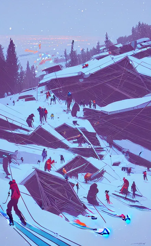 Image similar to by moebius and atey ghailan | the bottom of a ski slope with a huge pile of tangled up skiers |