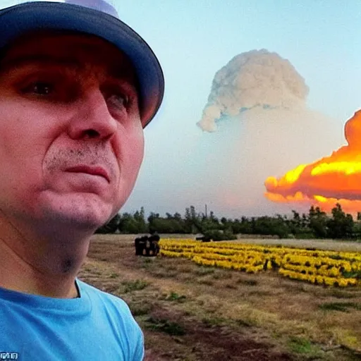 Image similar to a selfie of a ukrainian in yellow - blue rags against the backdrop of a nuclear explosion shoots himself in the head to die a less painful death