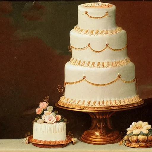 Image similar to 1700s painting of a wedding cake, high detail, believable,