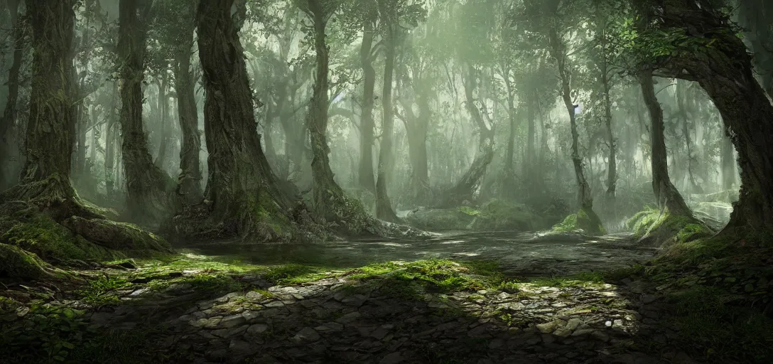 Prompt: A beautiful hyper realistic ultra detailed lifelike matte painting of a dark fantasy forest, unreal engine, deviantart, flickr, artstation, octane render, textured, colorful, extreme realistic detail, physically based rendering, pbr render, very detailed, volumetric lighting, detailed lighting, octane render, 4k, cinematic lighting, 8k resolution