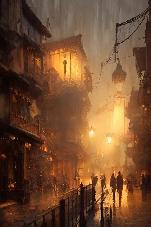 Image similar to inside the antique city of Avalon at dusk, intricate, elegant, volumetric lighting, digital painting, highly detailed, artstation, sharp focus, illustration, concept art, ruan jia, steve mccurry