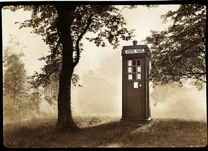 Image similar to photo of a metropolitan police box partially obscured by trees in rural london, police box, 1936, sepia