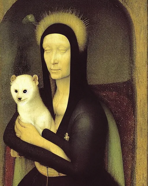 Image similar to Lady with an Ermine by Leonardo painting by Hieronymus Bosch