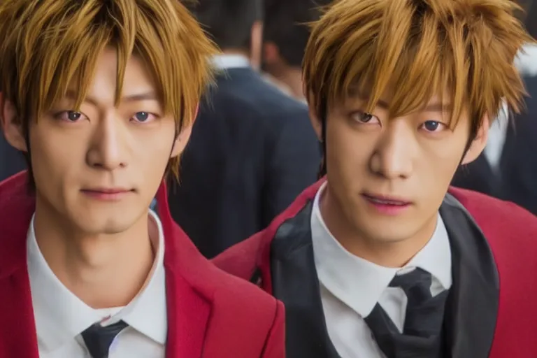 Image similar to close up photo of tamaki suoh from the live action adaptation of ouran highschool host club, shot on location at shibuya crossing, red weapon 8 k s 3 5, cooke anamorphic / i lenses, highly detailed, cinematic lighting