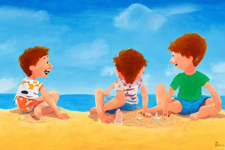 Image similar to Two happy children sitting on the beach making sandcastles, blue sky, HD, by Benji Davies