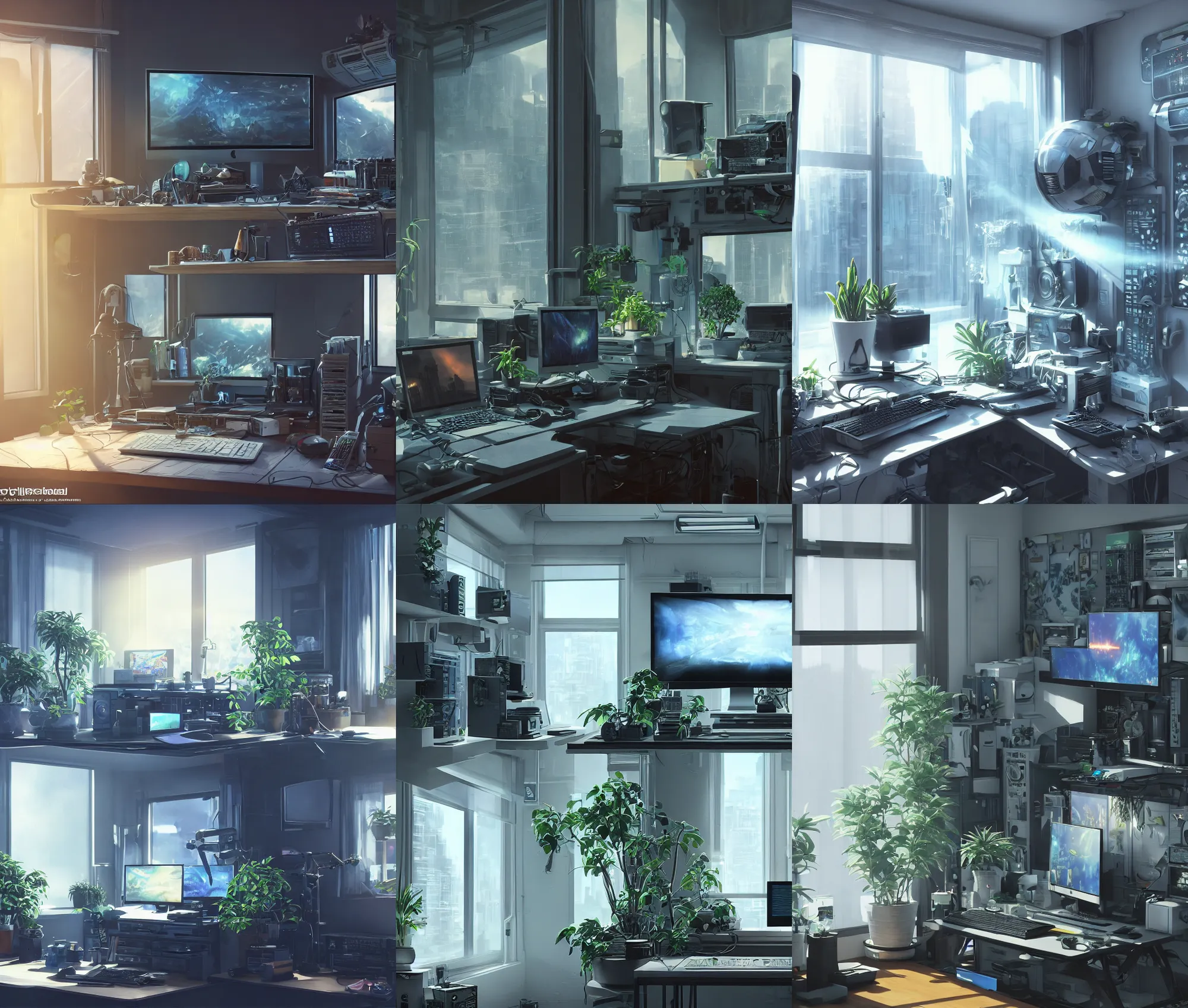 Image similar to detailed scifi artstation scene of a complex computer workstation in a small studio apartment room, a potted plant, many monitors, many electronics, a window view, window curtain, maximalism, volumetric light, sunny amber morning light, sun beam, atmospheric haze, unreal engine, hyperrealism, realistic shading, blender render, photorealistic, wide shot