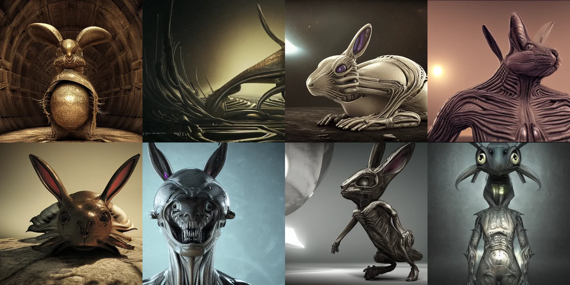 Prompt: alien rabbit in the space by HR giger, octane render, ambient light,