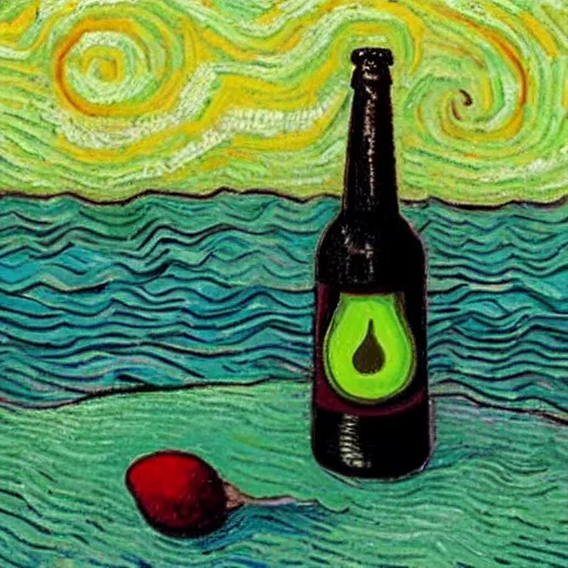 Prompt: avocado on beach sunbathing in beet sea at sunset with beer on hand, art by van gogh