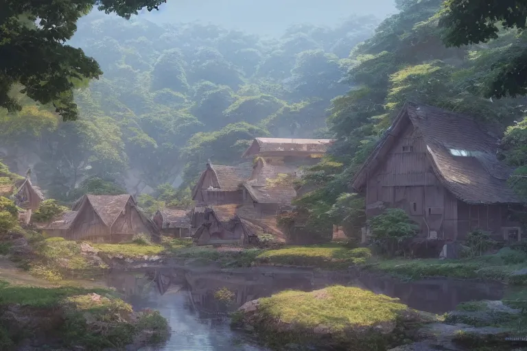 Image similar to A highly detailed matte painting of a sparse village near a river and intertwined with nature, defunct technology, by Studio Ghibli, Makoto Shinkai, by Artgerm, by WLOP, by Greg Rutkowski, volumetric lighting, octane render, 4K resolution, trending on artstation, masterpiece