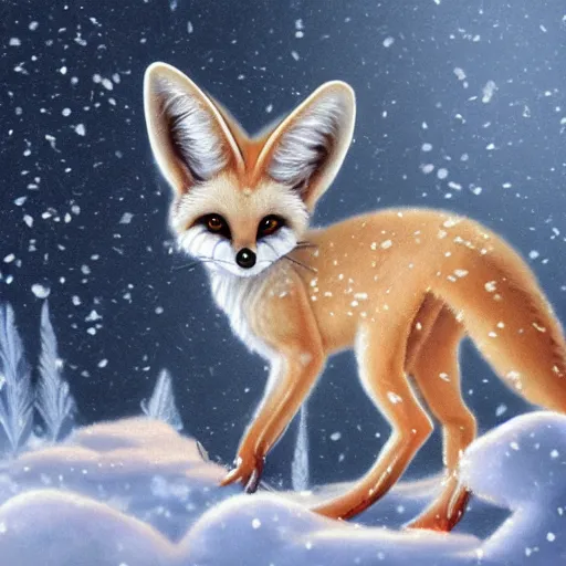 Image similar to Baroque painting of a cute fennec fox in a winter wonderland, artstation, exquisite detail