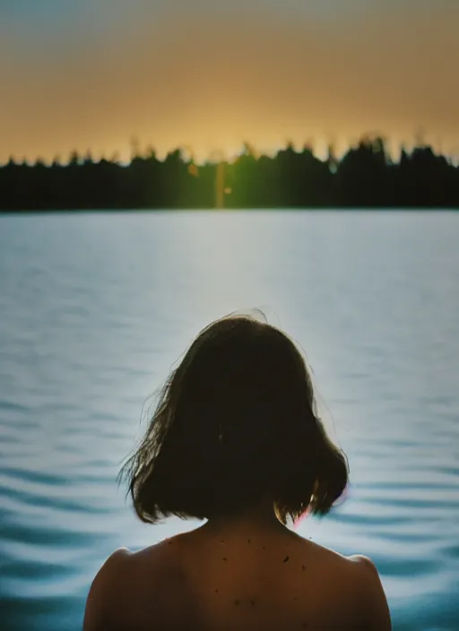 Image similar to a 2 8 mm holga photo from the back of a woman at the edge of a lake, splash art, movie still, bokeh, canon 5 0 mm, cinematic lighting, dramatic, film, photography, golden hour, depth of field, award - winning, anamorphic lens flare, 8 k, hyper detailed, 3 5 mm film grain