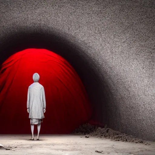 Image similar to a figure covered by red cloth that's blowing in the wind standing in a creepy tunnel with atmospheric light, digital art, concept art, cloth simulation with houdini, octane, redshift, 8 k