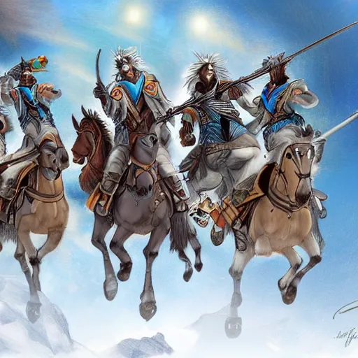 Image similar to cidaricheti falcons. a gang of mounted bandits. fantasy, high details, digital art