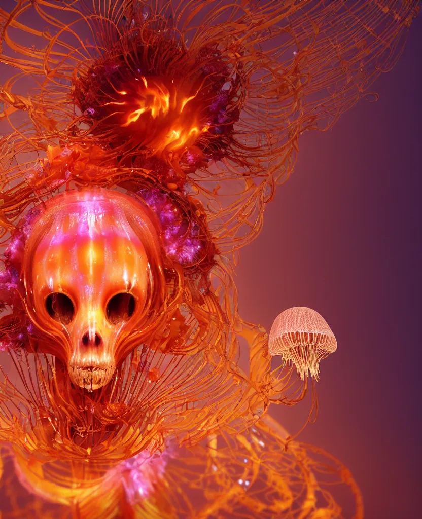 Image similar to close-up portrait of the face of a beautiful princess in a twisted flowers jellyfish mask surrounded by energy flow, epic angle and pose, symmetrical artwork, 3d with depth of field, blurred background, floating jellyfish skull phoenix bird, translucent, nautilus, energy flows of water and fire. a highly detailed epic cinematic concept art CG render. made in Maya, Blender and Photoshop, octane render, excellent composition, cinematic dystopian brutalist atmosphere, dynamic dramatic cinematic lighting, aesthetic, very inspirational, arthouse. y Greg Rutkowski, Ilya Kuvshinov, WLOP, Stanley Artgerm Lau, Ruan Jia and Fenghua Zhong