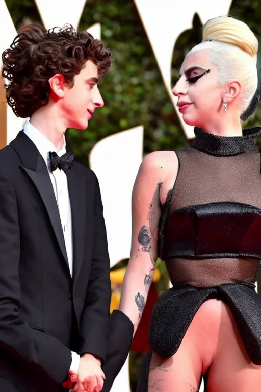 Image similar to timothee chalamet and lady gaga holding hands on the red carpet, beautiful detailed faces