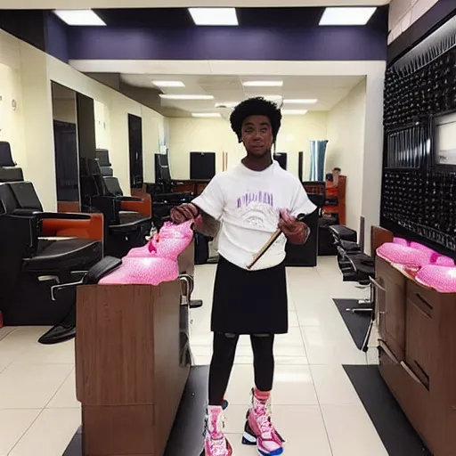 Prompt: nba young boy, wearing a skirt, in a nail salon, holding a sword