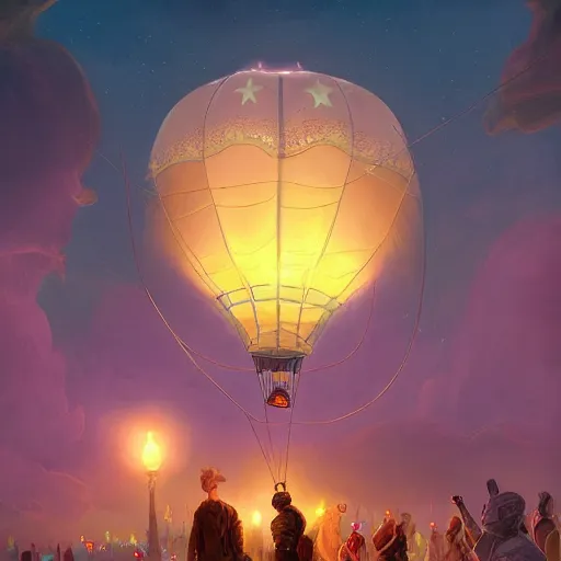 Prompt: a beautiful stunning fantasy whimsical matte digital illustration of a hot - air balloon race at night by marc simonetti, pastel color palette, disney steampunk, chiaroscuro magical bokeh moon stars, trending on artstation hq, masterpiece