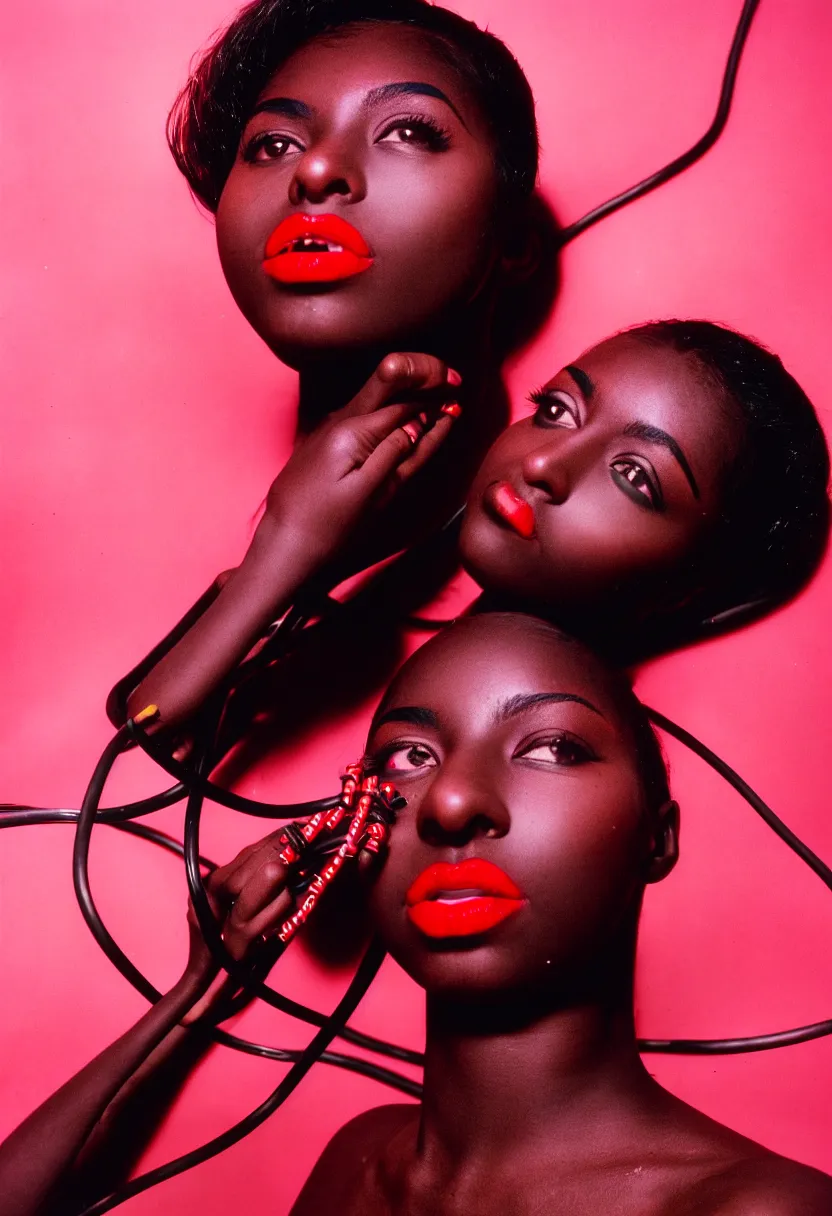 Image similar to medium shot, photograph of alluring dark skin young woman looking into camera, red lipstick, hundreds of cables and wires tightly wrapped around face and body, sharp focus,, chromatic abberations, as fashion editorial 90s, kodak ektachrome