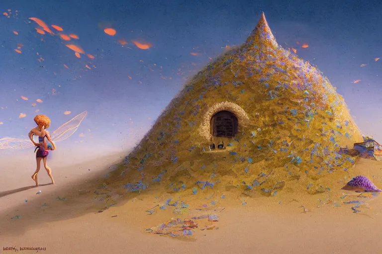 Prompt: wide angle view, a beautiful digital painting of a fairy house made of sand on a beautiful beach, bright sunny day, beach grasses, woodline, magical, by greg rutkowski, brian froud, marc simonetti, jean - baptiste monge, mucha, symmetry, complementary colors, ink illustration, trending on artstation