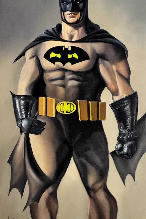 Prompt: A portrait painting of a muscular man wearing batman costume