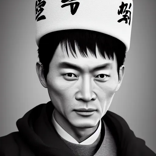 Image similar to portrait painting of a 2 5 - year - old chinese man, taoist priest, dressed in black and white taoist robe, like andy lau, immortal bone, affable ， wenjun lin, unreal engine 5 highly rendered, global illumination, radiant light, detailed and intricate environment