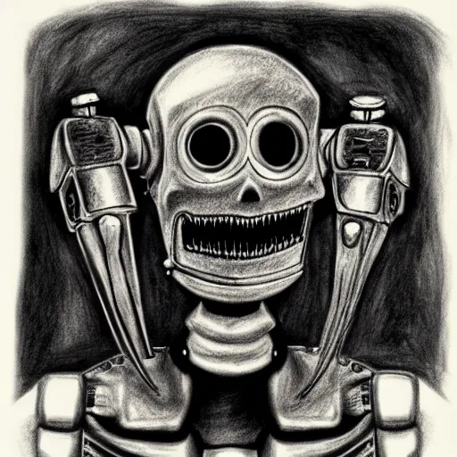 Image similar to a scary horror themed robot, drawn with charcoal and pen and ink