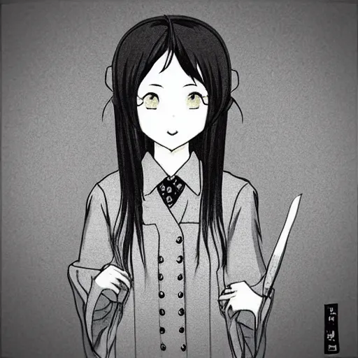 Image similar to “Detailed manga art of a beautiful Japanese girl holding a knife; loving expression; school uniform; high contrast; clean, sharp”