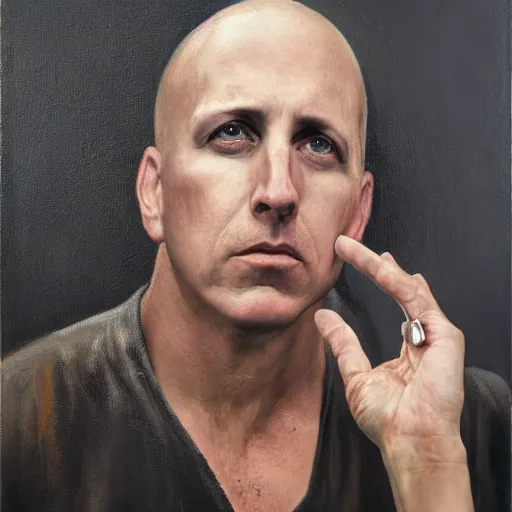 Image similar to stunning serene portrait of Maynard James Keenan starring straight ahead, giving the peace sign, by Mark Arian, oil on canvas, masterpiece, realism, piercing gaze, mercurial bokeh